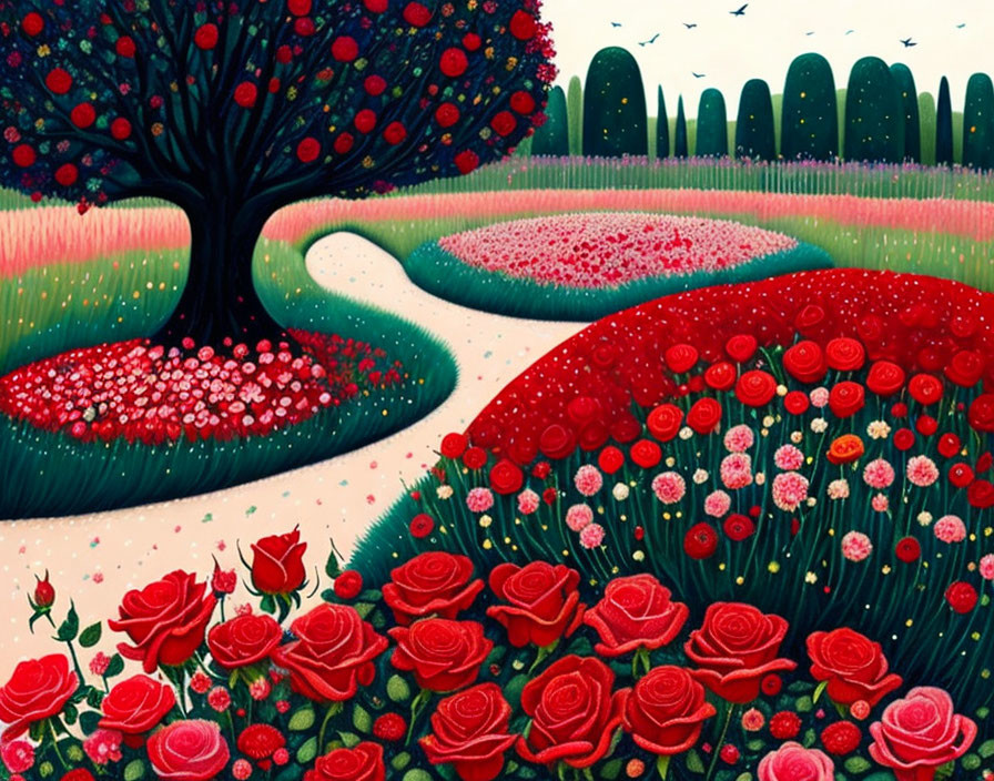 Vibrant stylized painting of blooming garden with red flowering tree