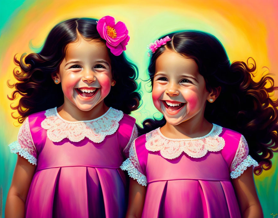 Two Smiling Girls in Pink Dresses with Curly Hair