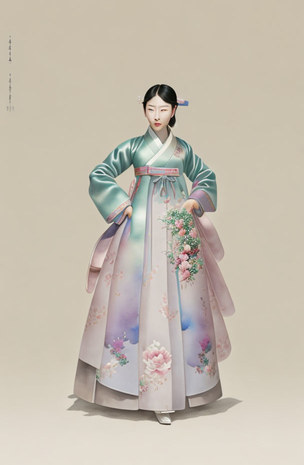 Traditional Korean hanbok with delicate floral designs on a woman against beige background