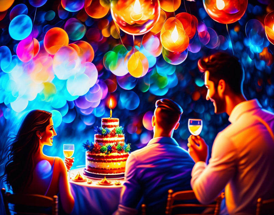 Colorful party scene with wine toasting and birthday cake under bokeh lights