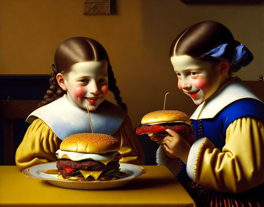 Two girls in old Dutch attire with oversized cheeseburgers, blending classical art with modern twist