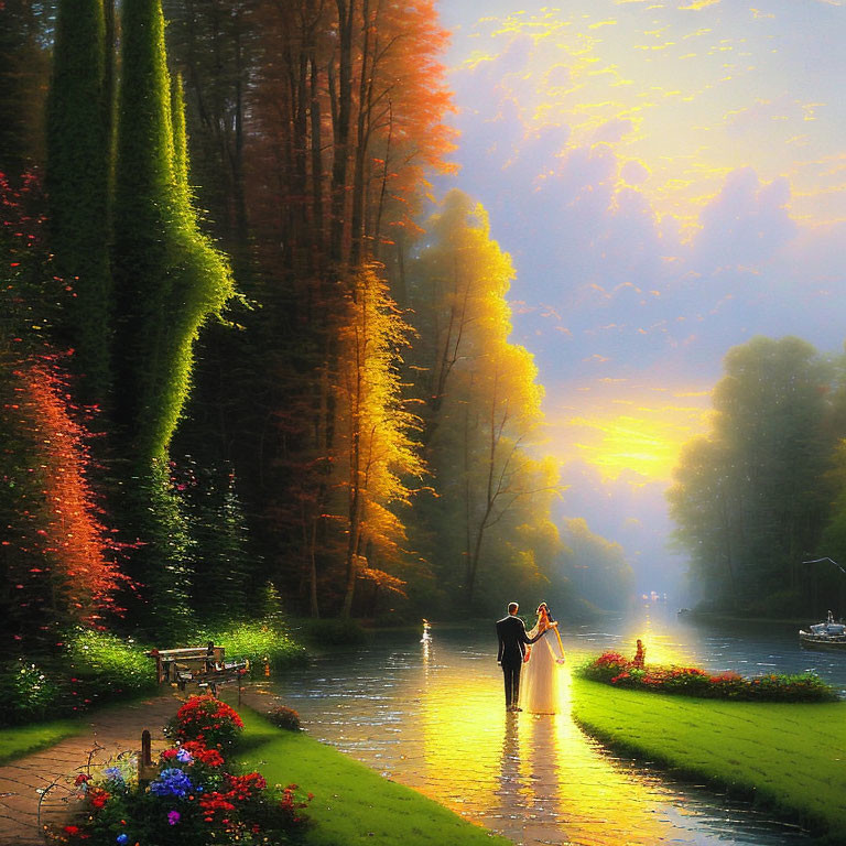 Couple Holding Hands by Tranquil River Surrounded by Vibrant Foliage