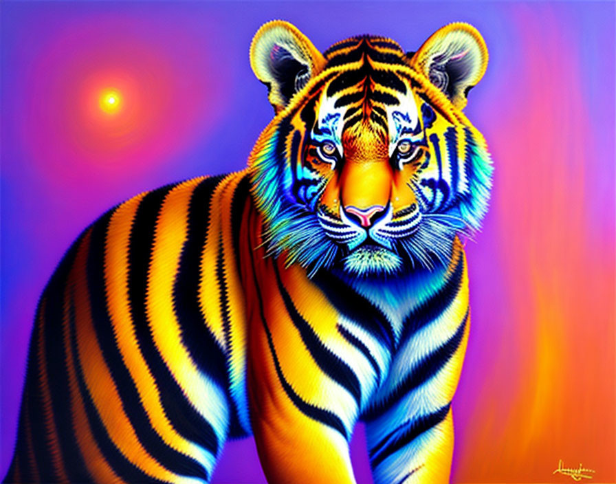 Colorful Tiger Art Against Psychedelic Background & Sun Orb