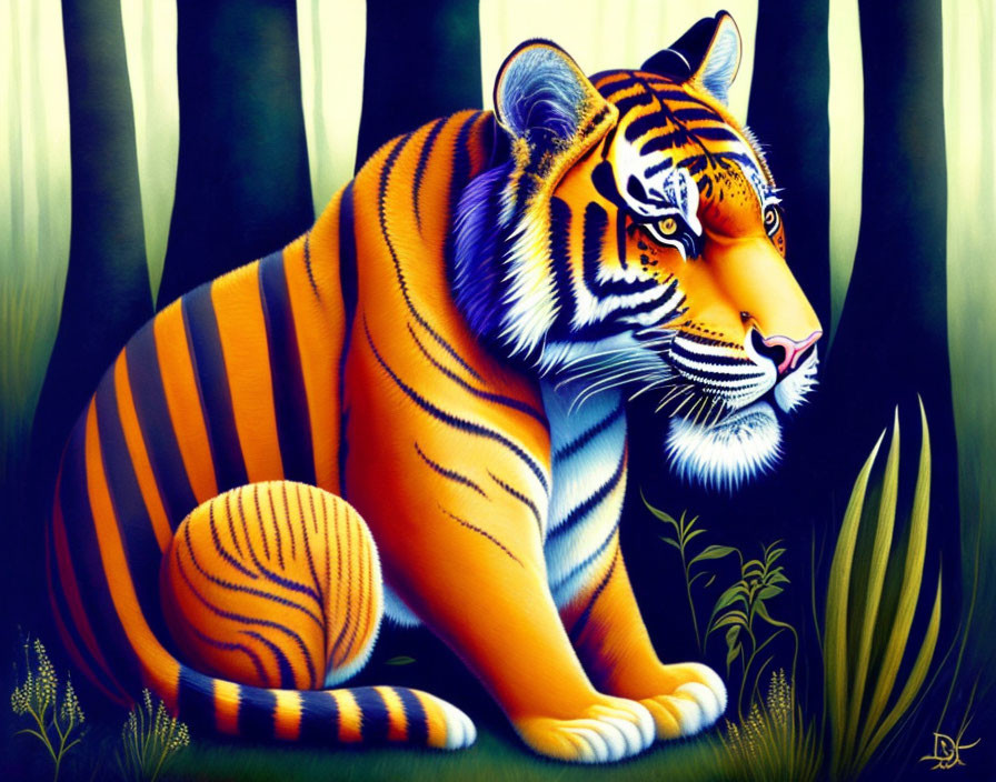 Colorful Tiger in Green Forest with Striped Trees