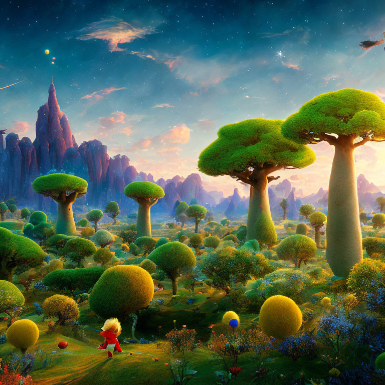 Fantasy landscape with oversized mushroom trees and whimsical character under starry sky