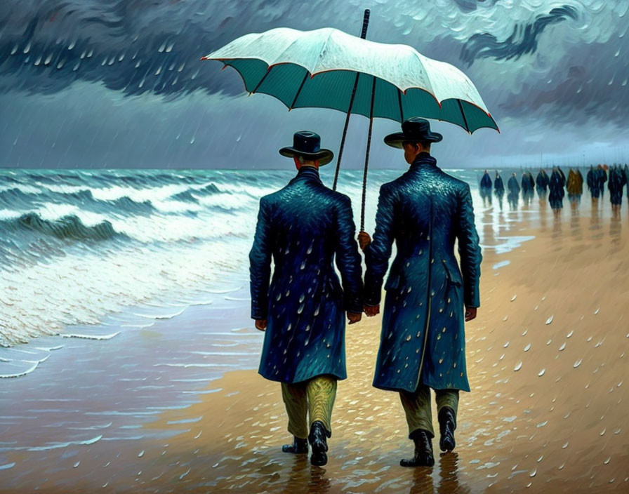 Two people in coats and hats sharing an umbrella on a rainy beach.