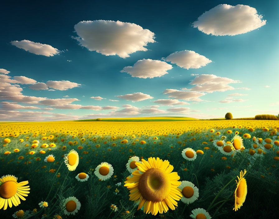 Sunflowers Field Under Blue Sky and White Clouds