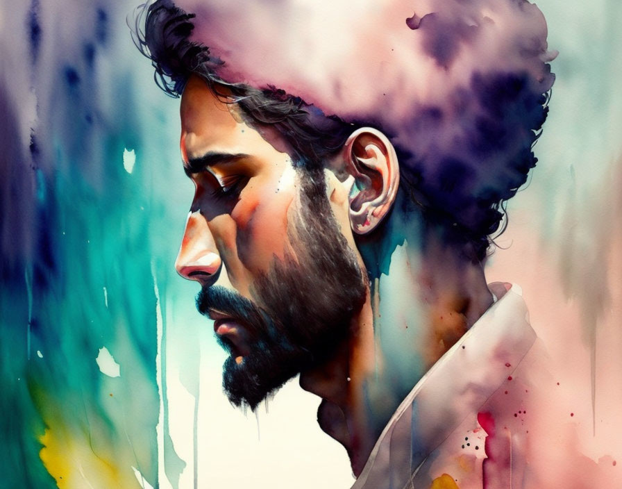 Colorful Watercolor Portrait of Man in Profile