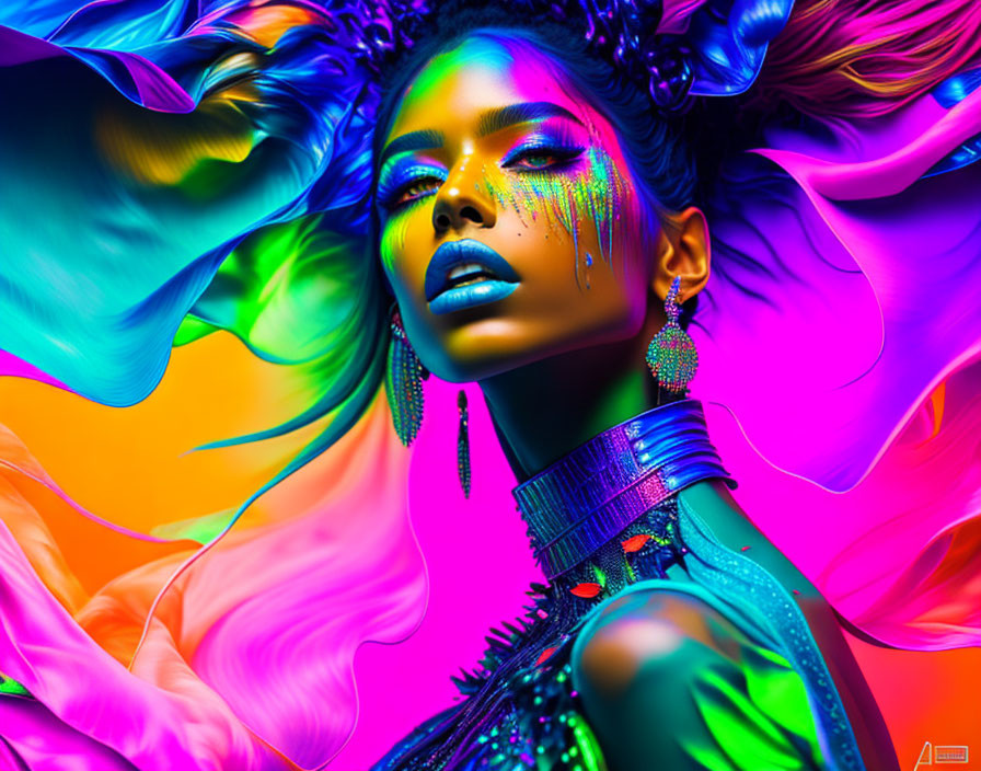 Colorful Abstract Shapes Surround Woman with Vibrant Makeup