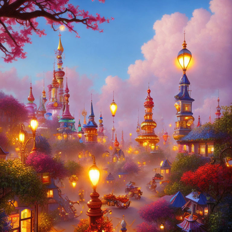 Vibrant fantasy cityscape at dusk with lanterns, whimsical architecture, and pink sky