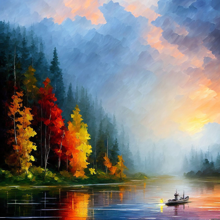 Serene lake sunset digital painting with boat and autumn trees