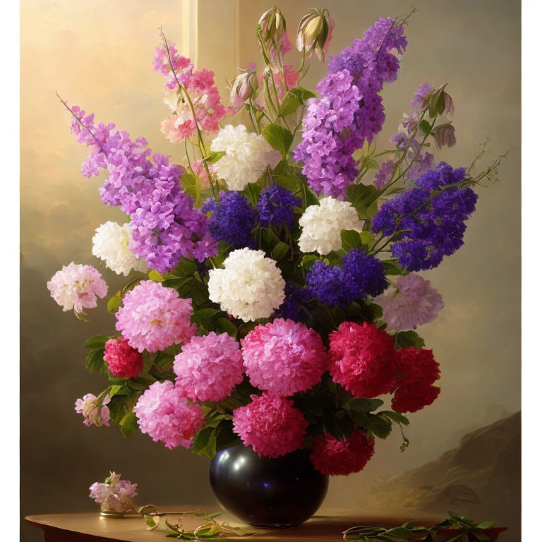 Colorful Flower Bouquet in Black Vase on Soft Backdrop