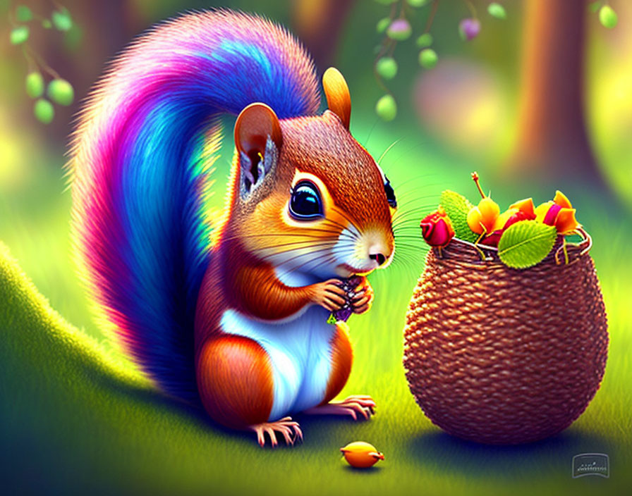 Colorful squirrel with bushy tail eating nut near fruit basket in green setting