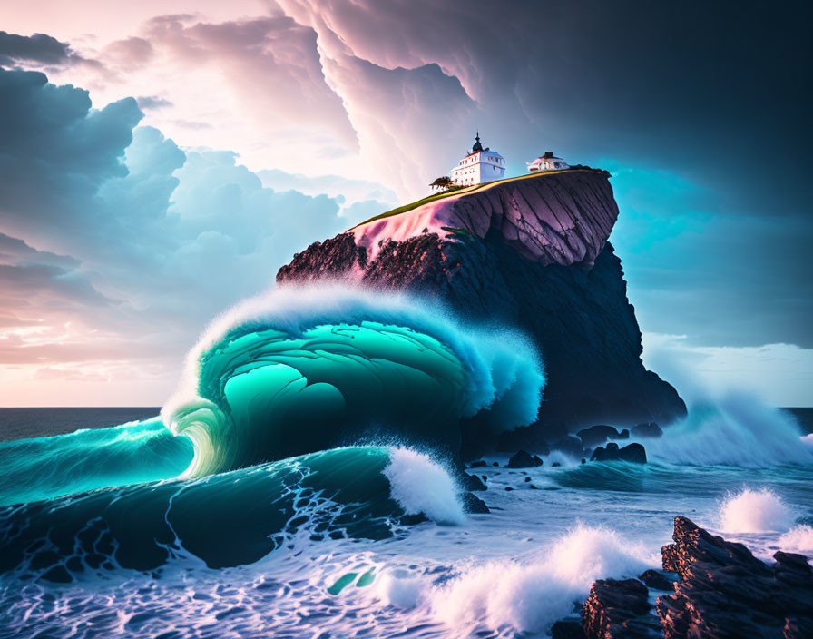 Dramatic sky over cliff with lighthouse and curling wave