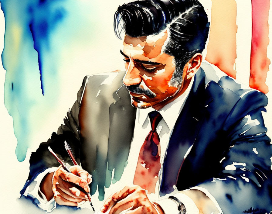 Colorful Watercolor Painting of Focused Man in Suit with Mustache Writing or Drawing