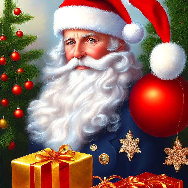 Santa Claus with white beard and red hat near Christmas tree and gift