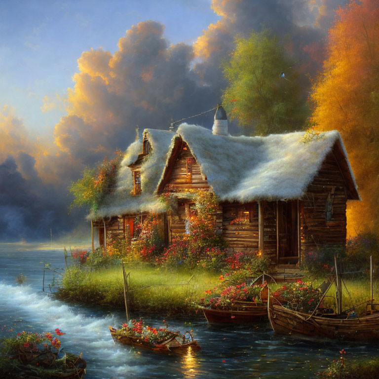 Rustic cabin by serene lake in autumn setting