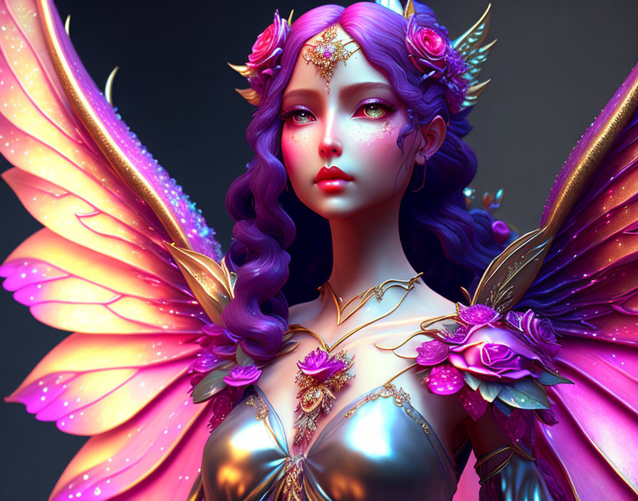 Colorful Fairy with Purple Hair and Golden Jewelry on Dark Background