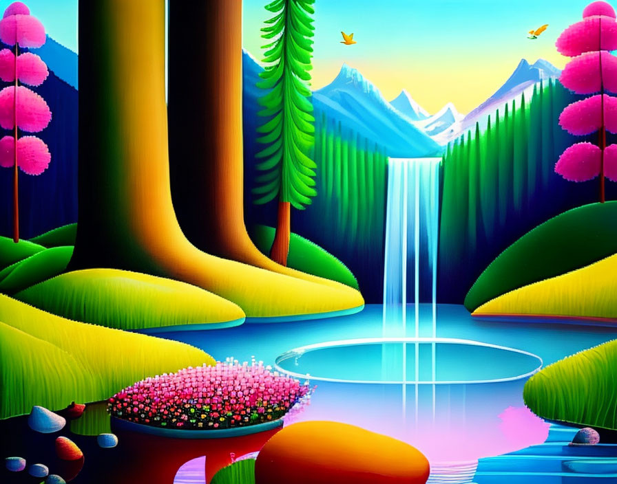 Colorful Fantasy Landscape with Trees, Waterfall, Pond, Flowers, & Mountains