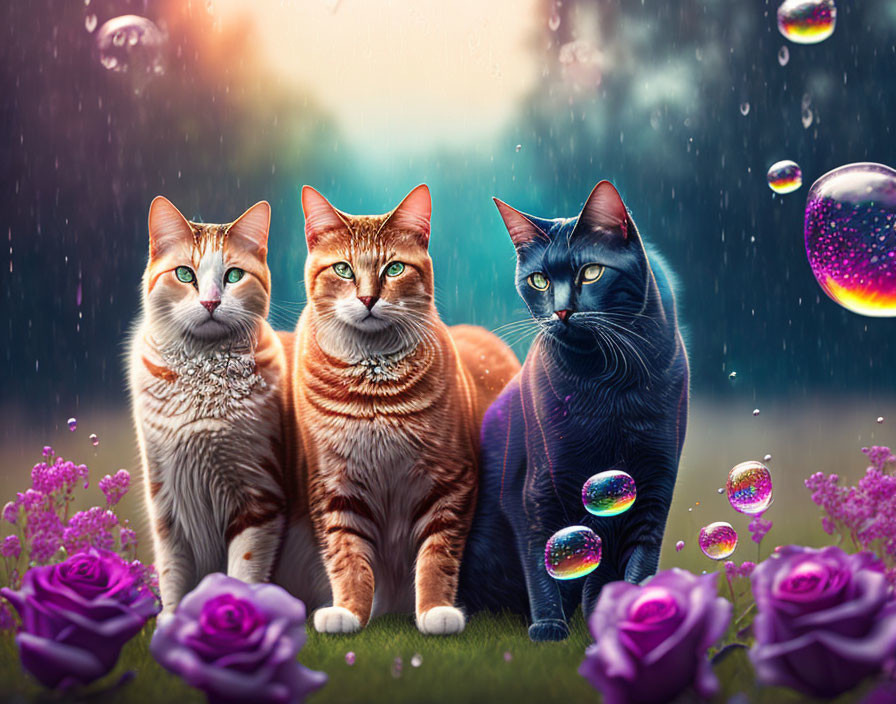 Three cats with striking eyes in purple rose garden under rainy sky.