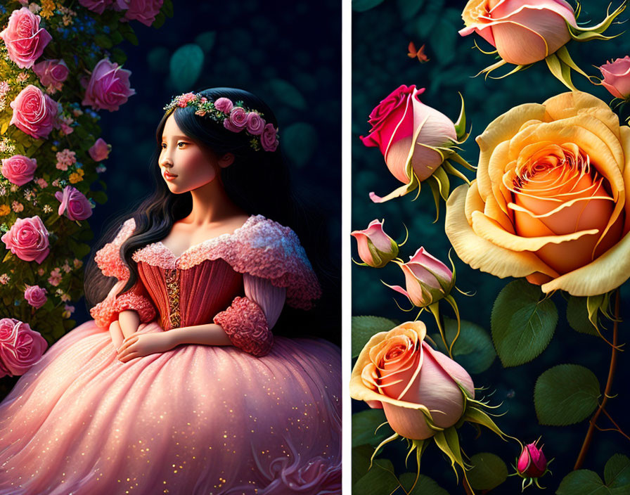 Woman in pink gown with floral headband among vibrant roses and dark background