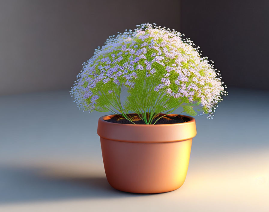 Digital rendering of purple blooming plant in terracotta pot