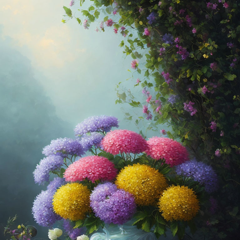 Colorful Hydrangea Bouquet with Roses in Misty Background