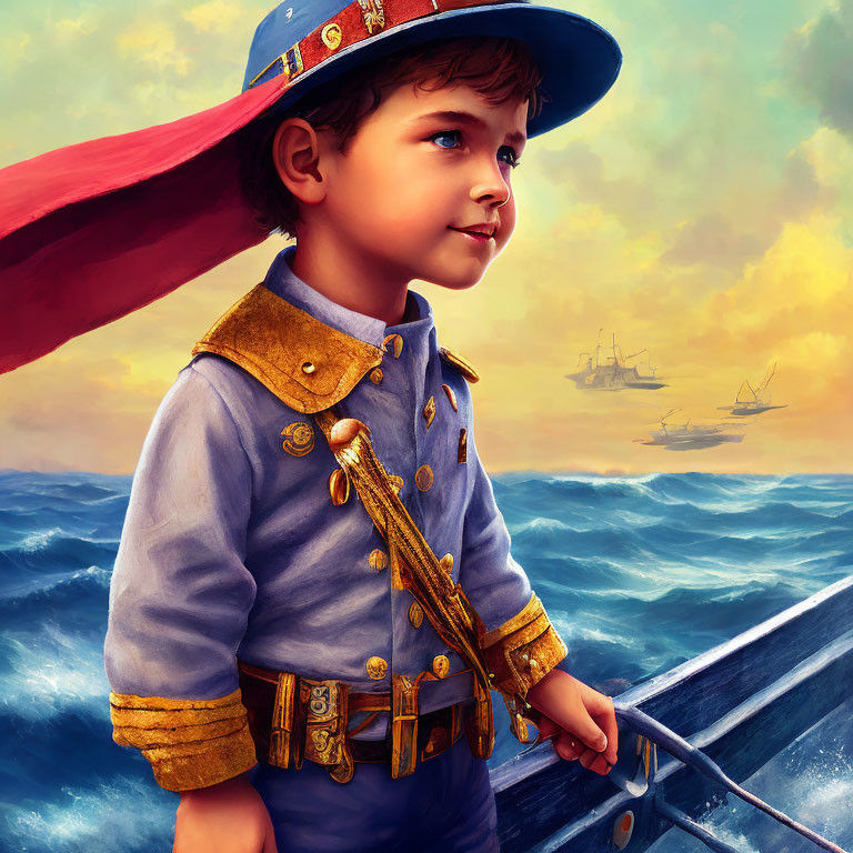 Vintage naval uniform boy gazes at ships on dramatic sea horizon.