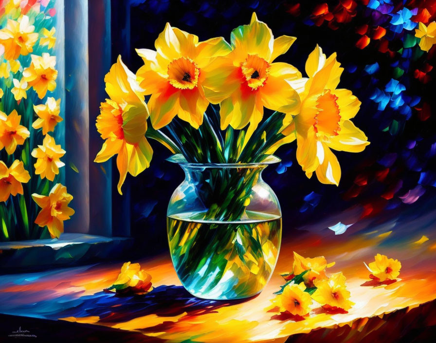 Colorful painting: Yellow daffodils in glass vase with scattered petals