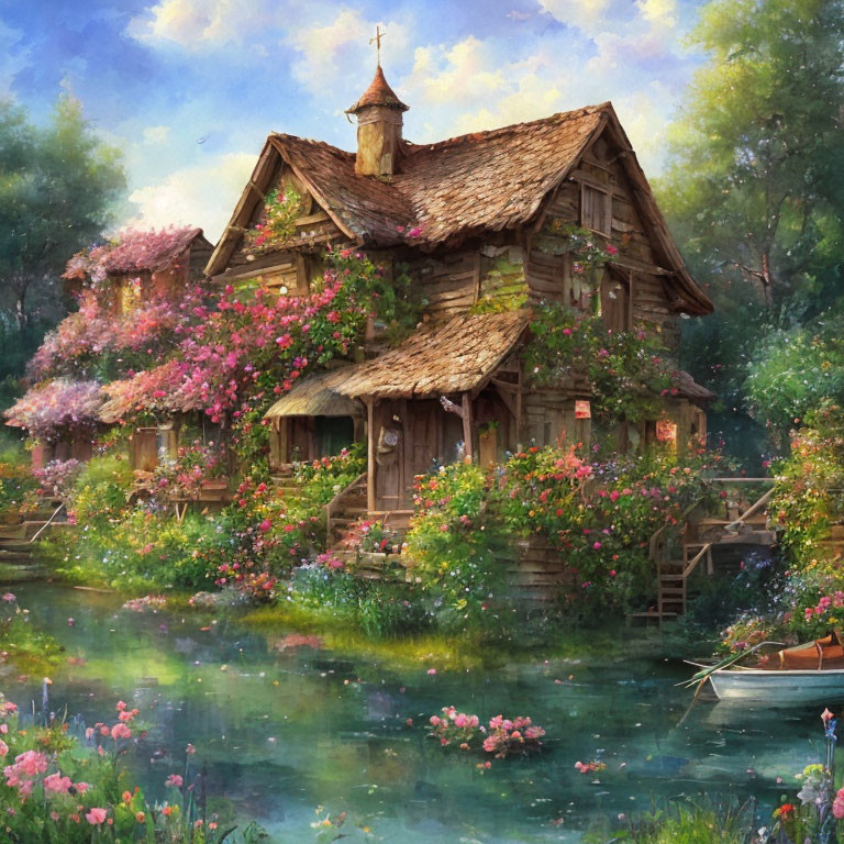 Scenic cottage with lush greenery, flowers, pond, and boat