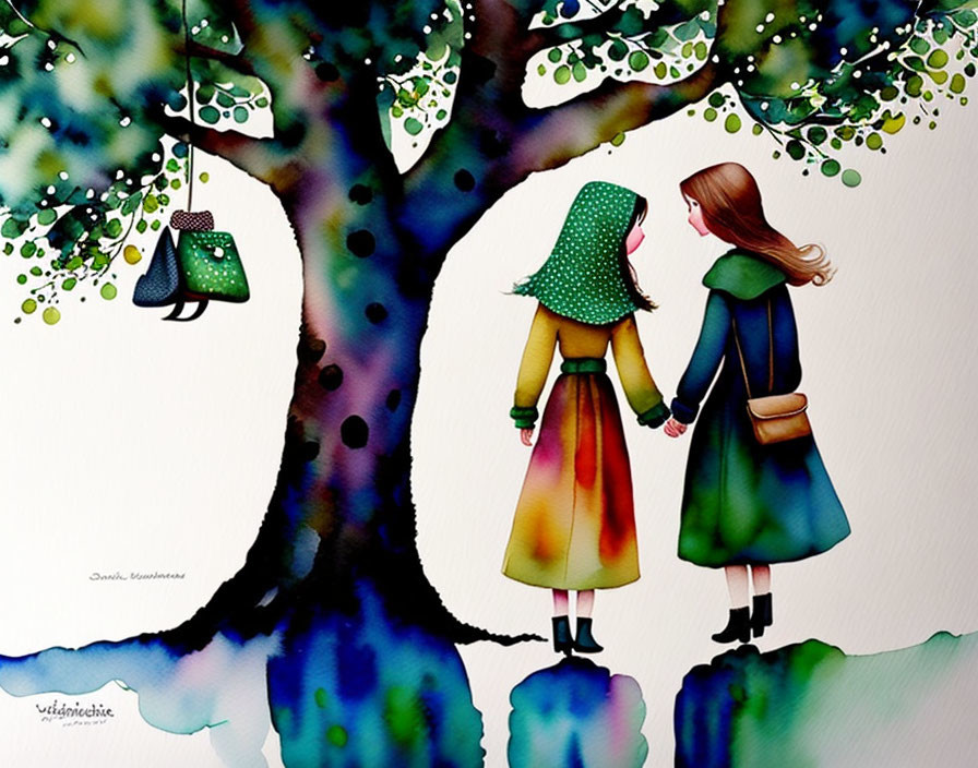 Illustrated girls in colorful clothes holding hands under a tree with lanterns in whimsical style