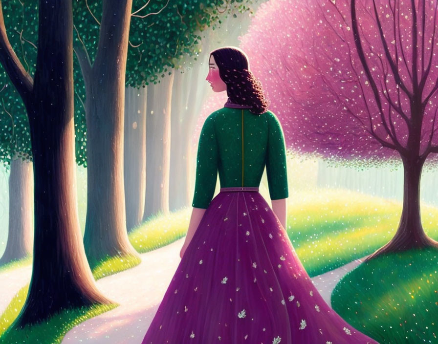 Woman in purple gown in magical forest with pink trees and sunlit grass