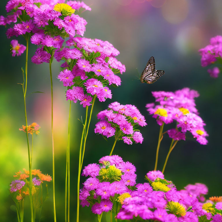 Patterned Butterfly Resting on Pink Flowers in Soft-focus Garden