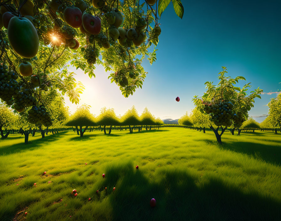 Lush Apple Orchard with Ripe Apples and Morning Sun