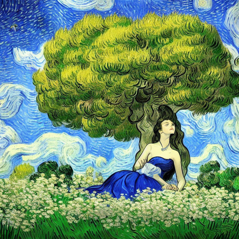 Woman with Dark Hair in Blue Dress Under Vibrant Tree in Swirling Landscape