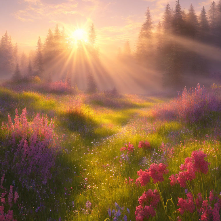 Misty forest sunrise over vibrant meadow with wildflowers