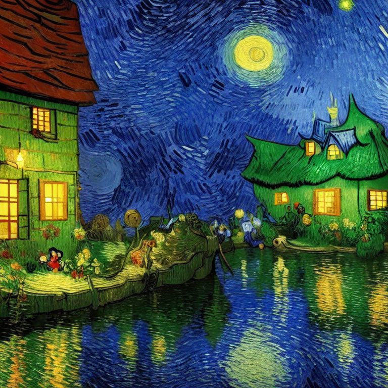 Whimsical night scene with starry sky, village house, and cartoon characters by river