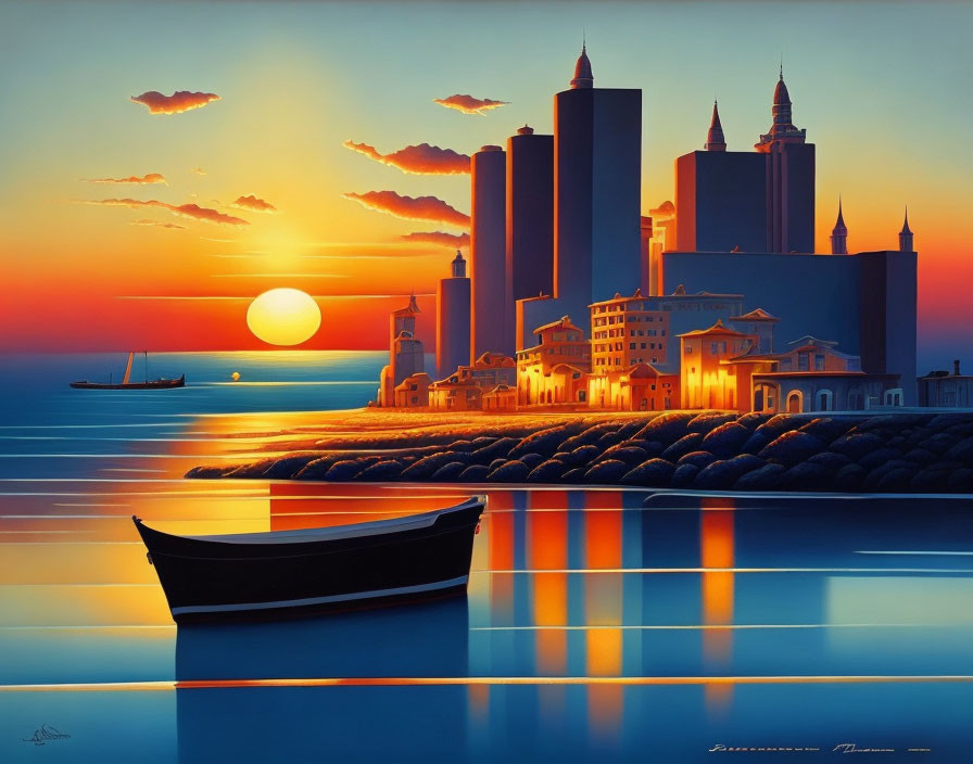 Cityscape sunset digital art with skyscrapers, boat, and lighthouse.