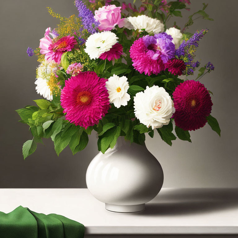 Colorful Mixed Flower Bouquet in White Vase on Table with Green Cloth