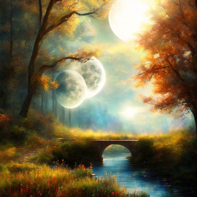 Double moon fantasy landscape with autumn trees, stone bridge, and misty glow