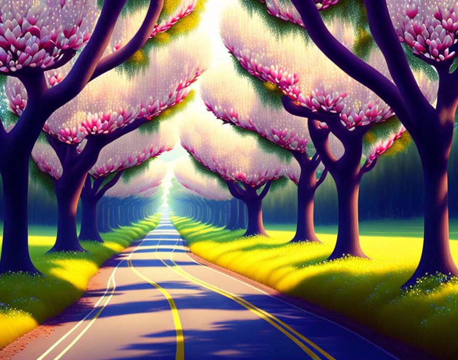 Vibrant illustration of magical pink tree-lined road