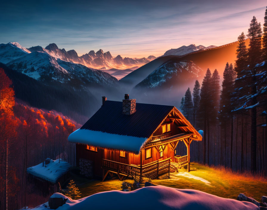 Snowy landscape at sunset with cozy cabin and misty mountains