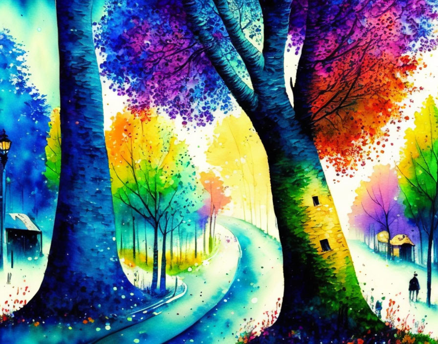 Colorful Watercolor Painting of Curved Path in Forest