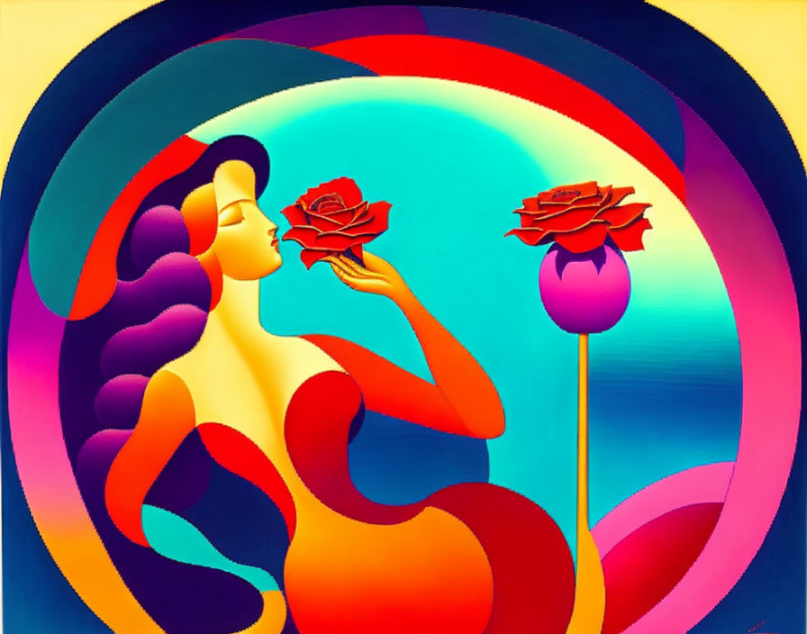 Colorful Stylized Woman Smelling Red Rose in Vibrant Image