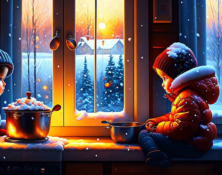 Children in winter clothing admire snow indoors with snowy landscape view.