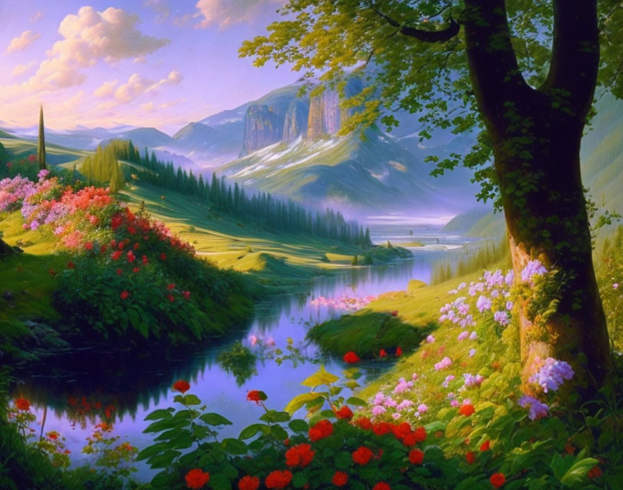 Tranquil landscape with vibrant river, lush fields, blooming flowers, cliffs, and blue sky