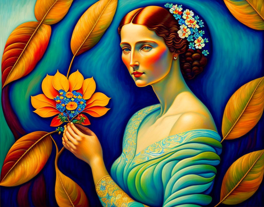 Colorful painting of woman with flowers holding sunflower in fantastical setting