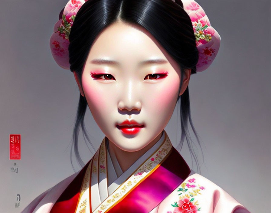 Digital Artwork: Woman in Korean Attire with Pink Flowers