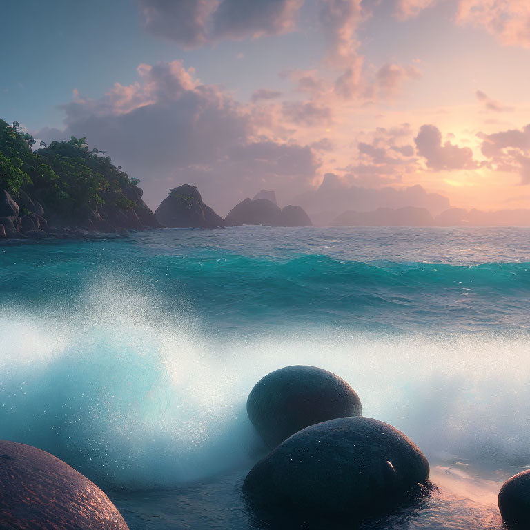 Tranquil beachscape with rocks, crashing waves, and mountain silhouettes at sunset