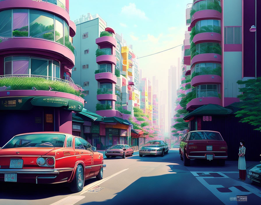 Colorful Retro-Futuristic Street Scene with Pink Buildings